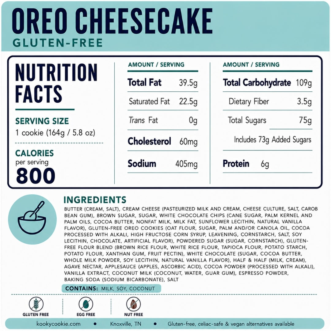 GF Oreo Cheesecake Nutrition Label