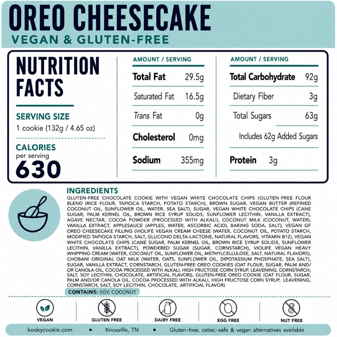 Vegan GF Oreo Cheesecake Nutrition Label